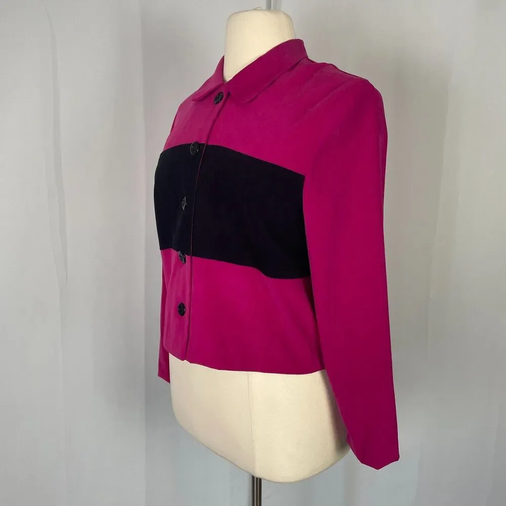 Vintage Blazer Jacket Womens Size 14 Hot Pink Black Stripe Cropped Suede 90s Y2K